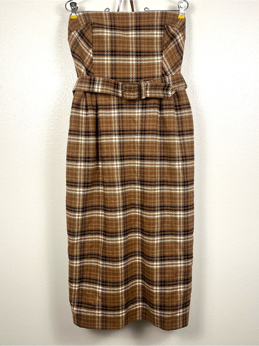NWT Anthropologie Brown Plaid Wool Belted Strapless Midi Dress Size 16 - Picture 4 of 8